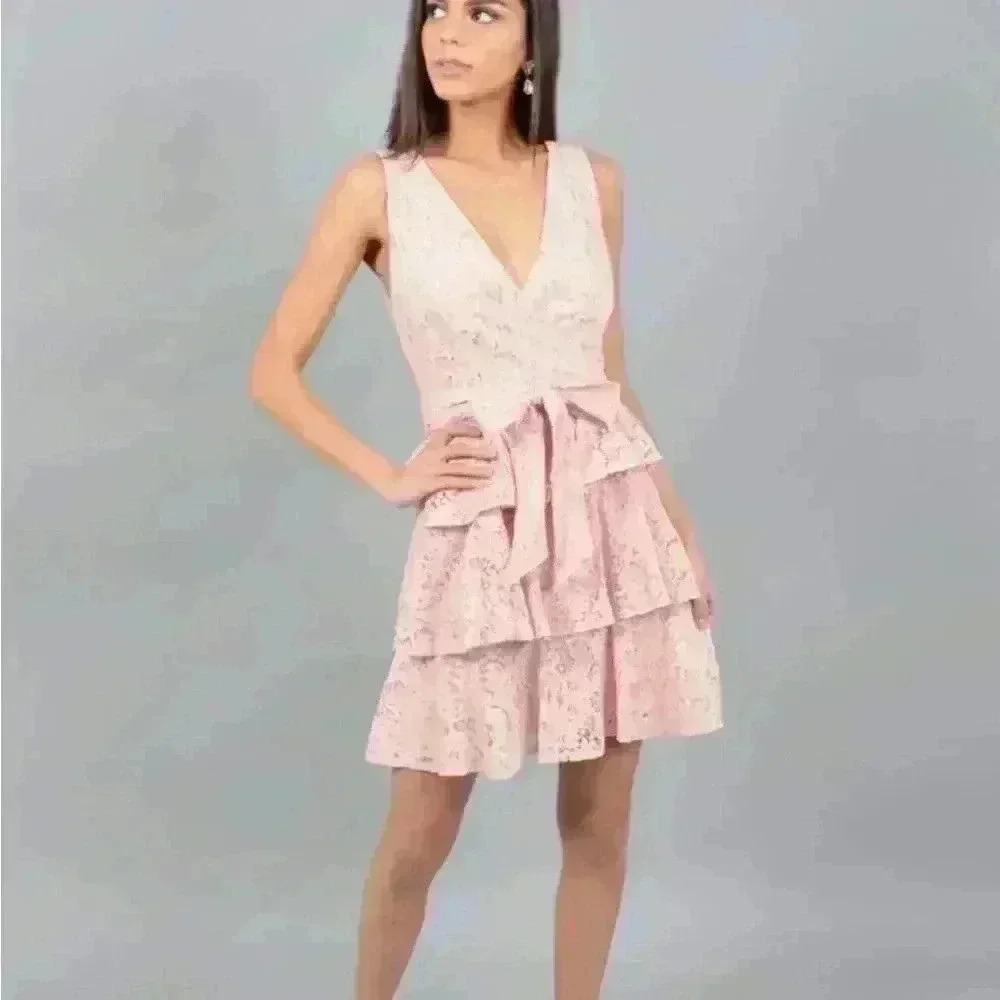 NWT Idem Ditto pastel blue / sea glass lace Dress tiered A line w belt size S
